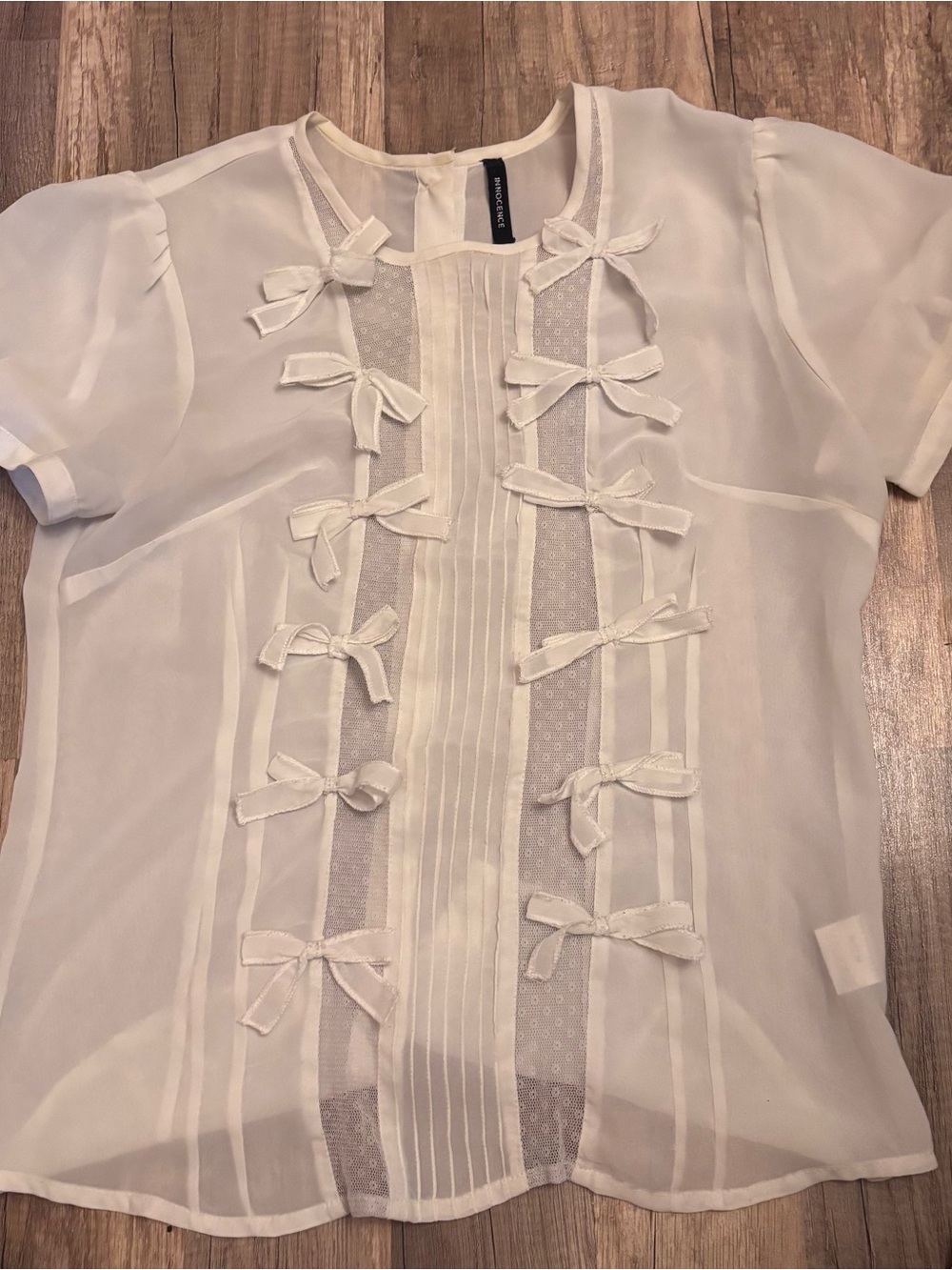 Sheer Ivory Bow-Front Short Sleeve Blouse - Women Tops